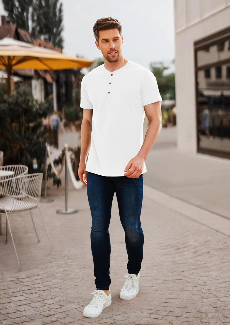 PEGENO Men's Casual Slim Fit Short Sleeve Henley T-Shirts Cotton Shirts (US Large, 01 White) - Image 5